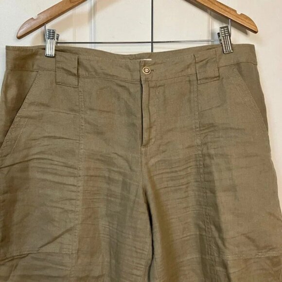 Cassis 100% Linen Tan Pant Capri Pants Neutral Trousers Crop Adjustable Cuff - Picture 2 of 8